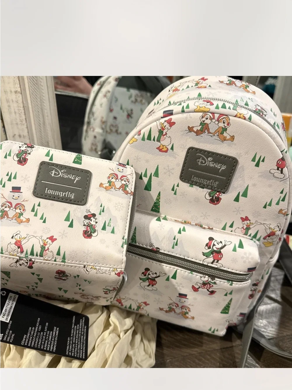 New Disney x Loungefly White Mini Backpack and wallet set with Holiday Print